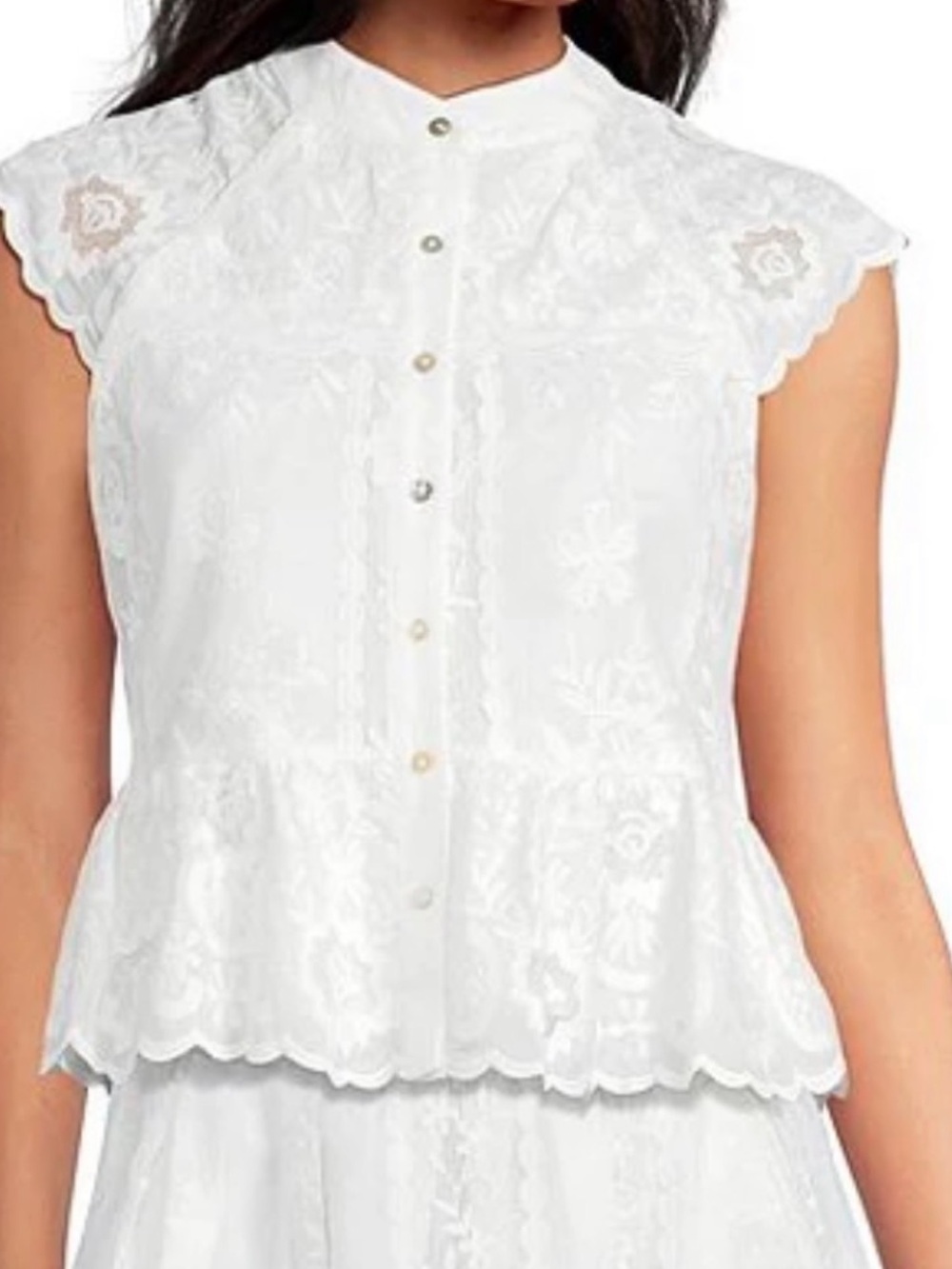 White Embroidered Cap-Sleeve Button-Front Blouse